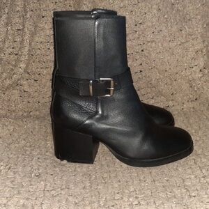 COS-Black Leather-Buckle Strap Ankle Boots-Elastic Gusset-Sz 38/7-Excellent